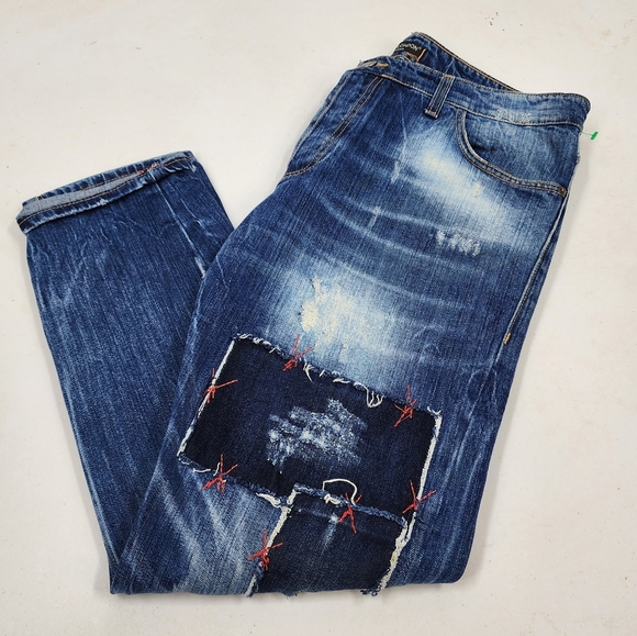 Yes London Jeans Italy Factory Distressed Patch Detail Straight Leg 38 x 29 - Picture 1 of 6